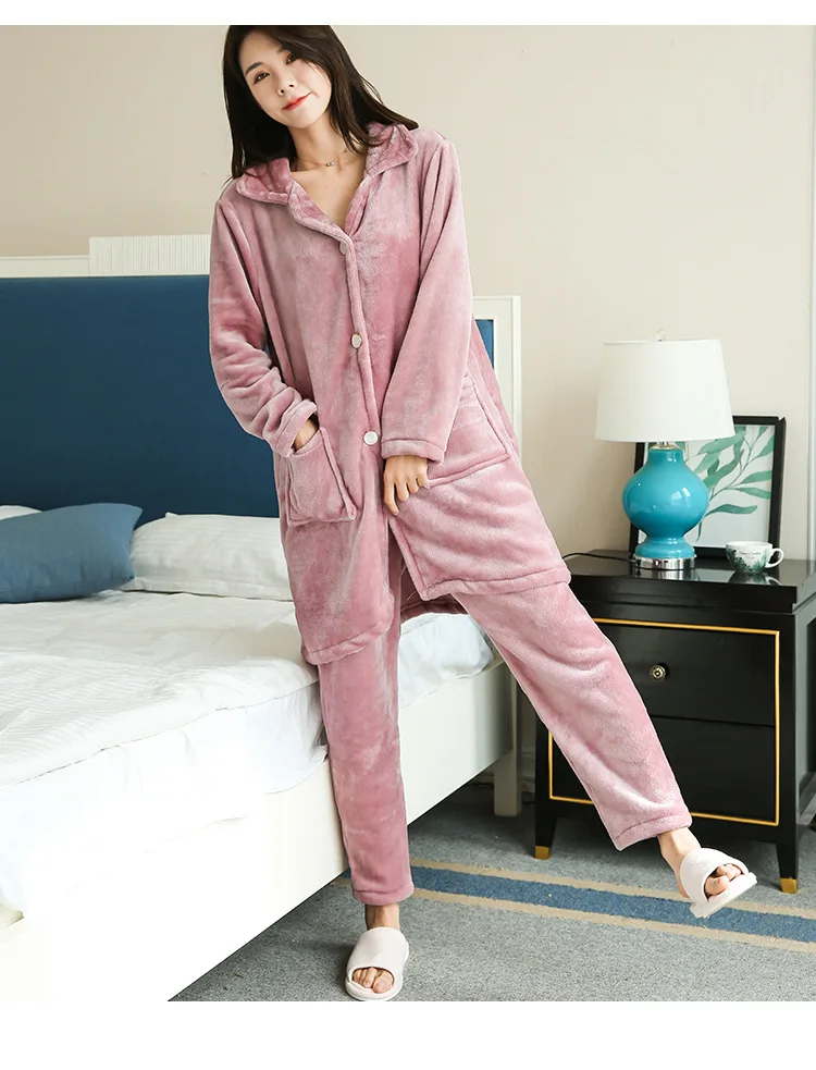 

2019 winter warm flannel pajamas women cardigan shirt+pants 2 pieces set tracksuits women home wear suits sleepwear soft warm