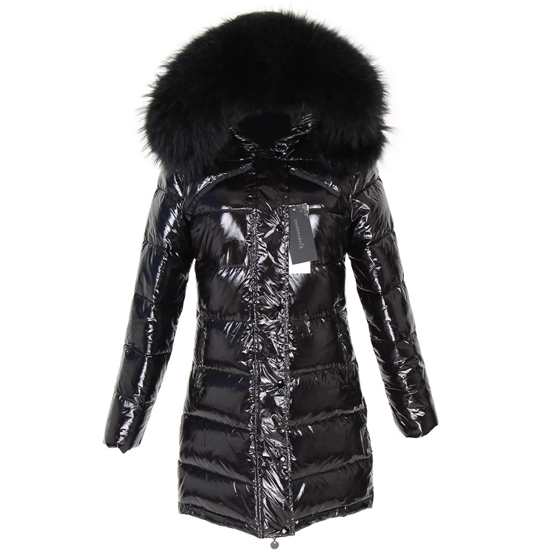 

MAOMAOKONG Winter Long white duck down lining real raccoon fur collar warm black shiny streetwear jacket ladies