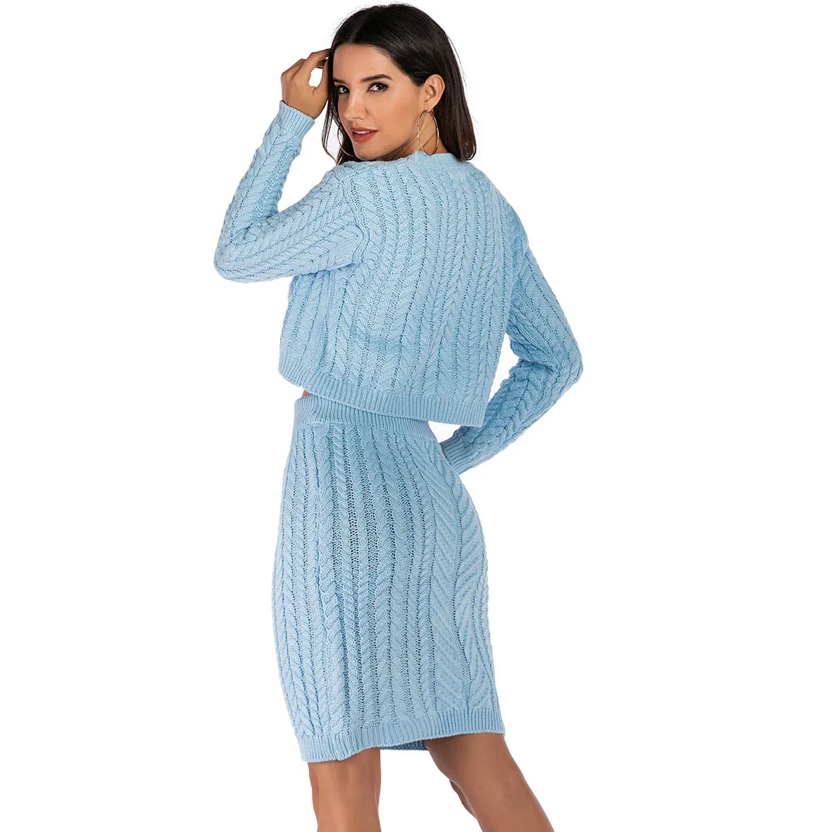2019 autum winter Women 2 piece o neck Light Blue sweater dress | Женская одежда