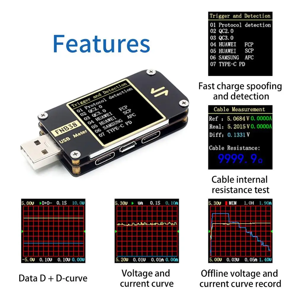 FNB38 USB Tester Current Voltage Meter QC4 & PD3.0 2.0 PPS Fast Charging Protocol Capacity Test Digital Voltmeter Ammeter |
