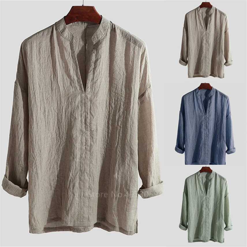 Китайский топ для мужчин с длинным рукавом однотонный льняной традиционный кунг