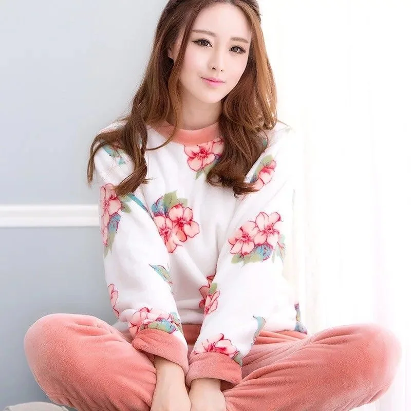 color 16 2 шт./лот, Осень-зима, толстые женские пижамные комплекты, костюм для сна, фланелевые теплые пижамы с мультяшными животными, милая Пижама с медведем, одежда для сна - Цвет: color 16