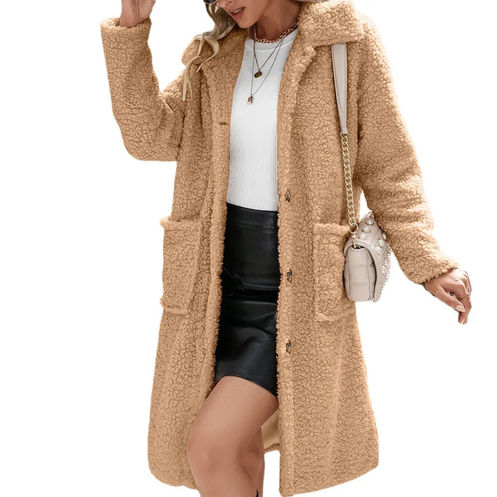 

2021 Turn-down Collar Cardigan Teddy Plush Long Single Breasted Solid Long Sleeve Womens Trench Coat Donsignet