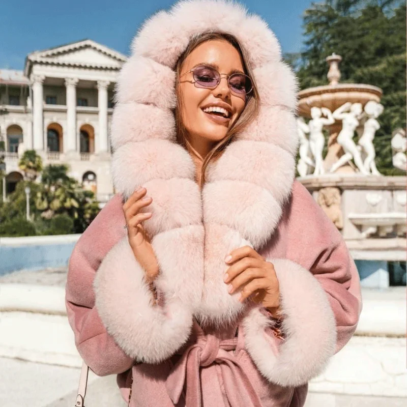 FURSARCAR 2021 Real Fox Fur Pink Coat Natural Fur Jacket High Quality Female Slim Thick Warm Winter Luxury Overcoat Coats enlarge