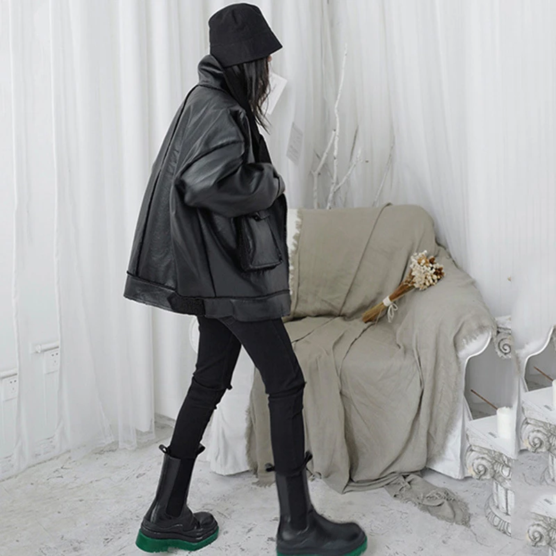 

Fit Black Loose Big Size Lambswool Pu Leather Jacket New Lapel Long Sleeve Women Coat Fashion Autumn Winter 2021 1DD0612