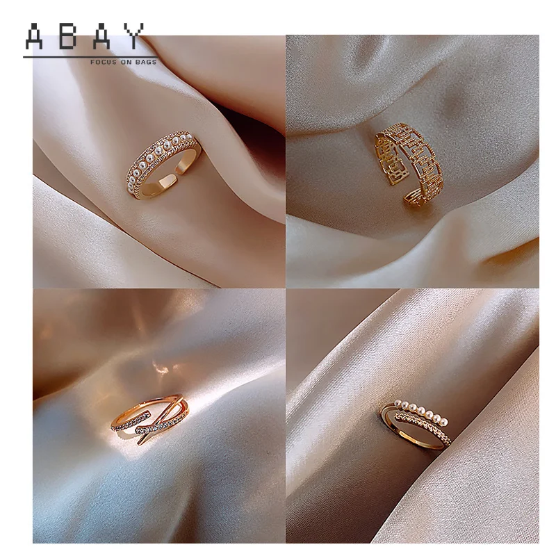 

Fashionable Rhinestone Inlaid Pearl Ring Women New Hot Sale Gold Zircon Adjustable Temperament Light Luxury High Accessories