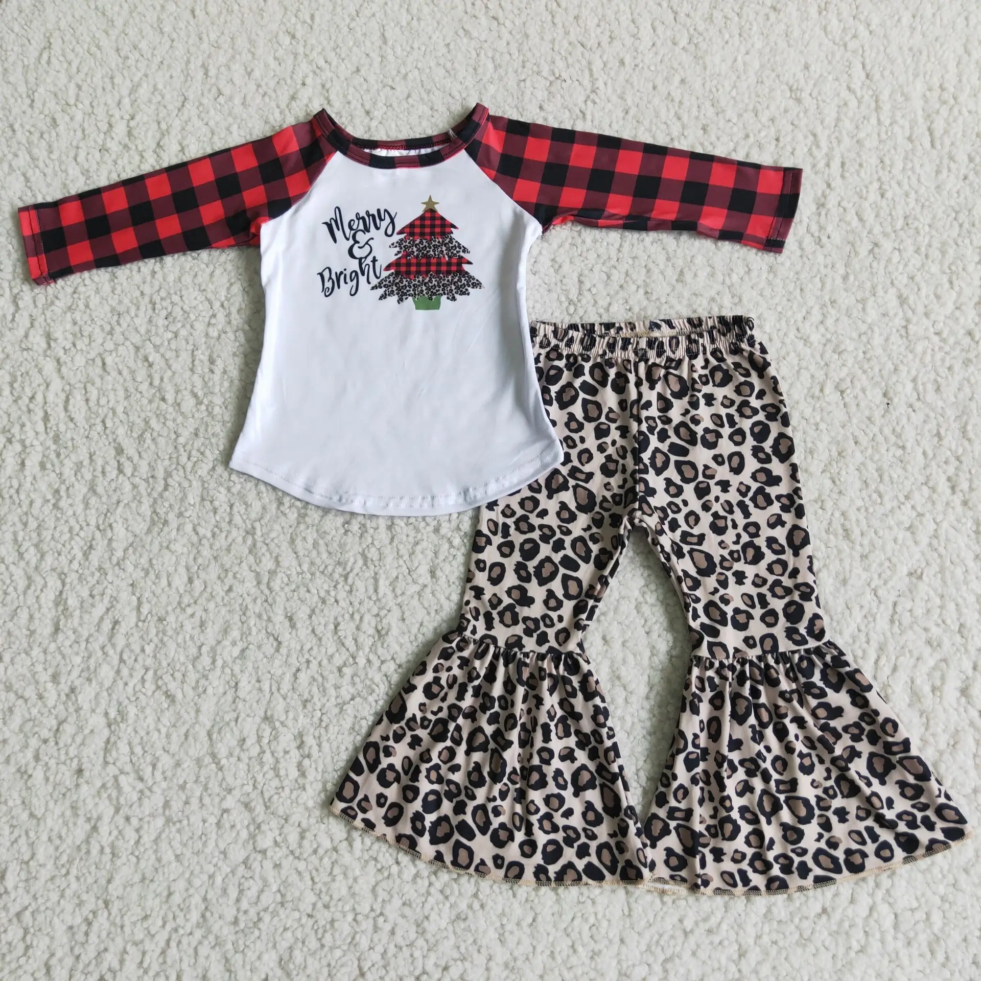 

Wholesale Hot Sale RTS Kids Holiday Clothing Adorable X-mas Tree Top Leopard Pants Two Piece Christmas Boutique Outfits