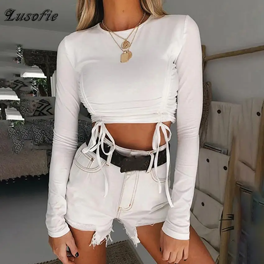 

Lusofie Autumn New Long Sleeve Top Casual Slim fit Solid T-shirt Round neck Strap Sexy High Street Tops Fashion Party Club White