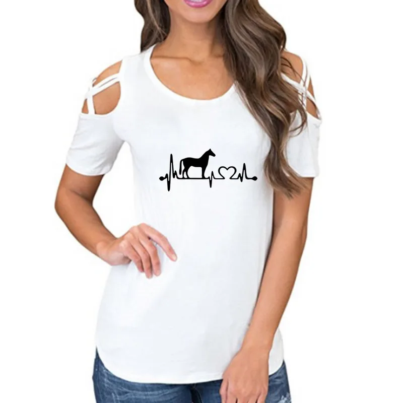 

New Fashion Bandage Off Shoulder Horse Letters Printing T-Shirts For Women Large Size Harajuku Cute Summer Top Tee Shirts