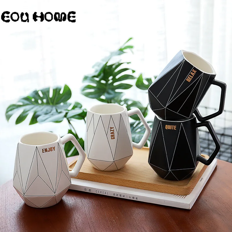 

450ml Ceramic Coffee Mugs Black and White Polygon Geometric Ceramic Mug Milk Juice Cups Couple Cute Drinkware Christmas Gifts