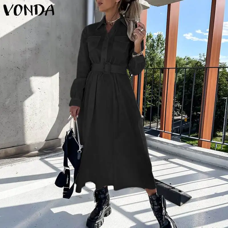 

Платье VONDA женское с длинным рукавом, отложным воротником и пуговицами, 2022