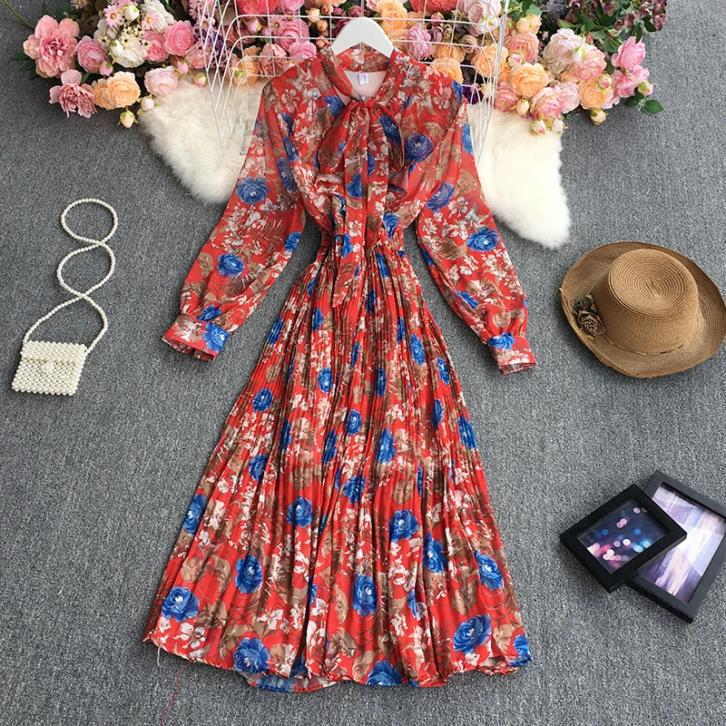 Женское платье с длинным рукавом и принтом v образный вырез бант пышные рукава