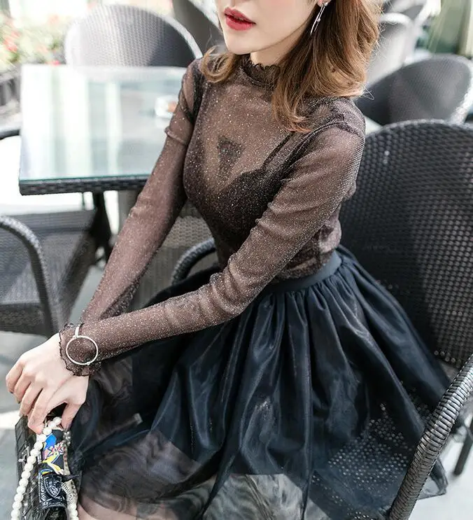 

Perspective BBY of Female Fishing Net Garment with Mesh Bottom Shirt Sexy Small Collar Long Sleeve Lace Shirt