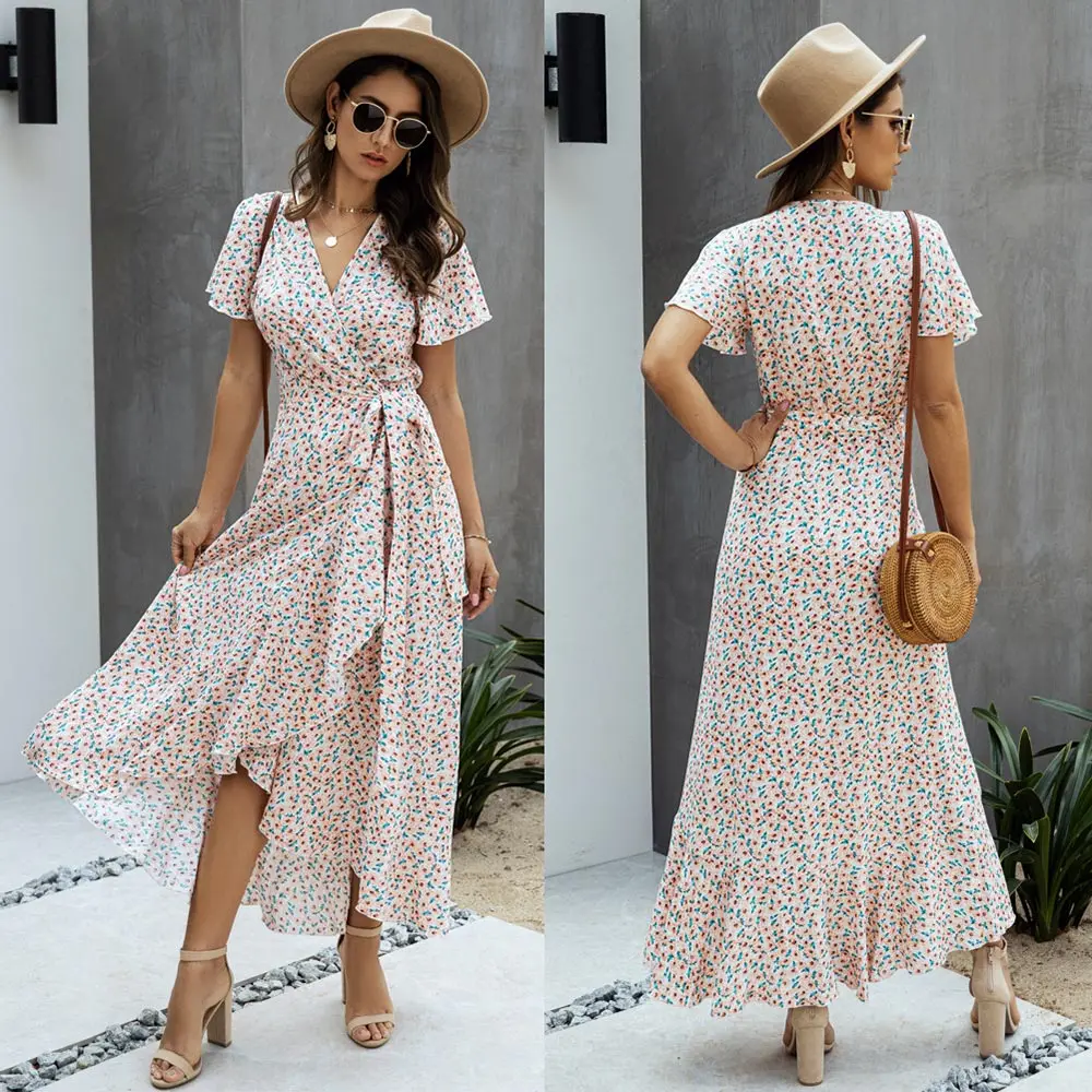 

Soolasea Boho Sexy V Neck Polka Dot Long Dress Women 2020 Summer Casual High Waist Dress Ruffles Holiday Beach Dress Vestidos