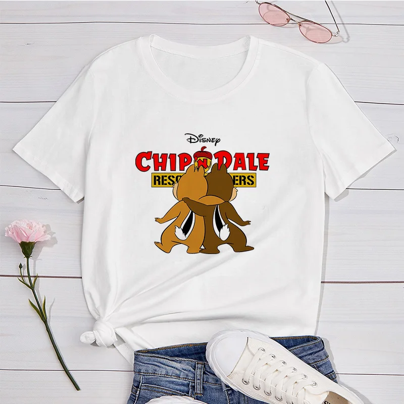 

Disney T-Shirt Women Harajuku Cartoon Chip 'n Dale Print Short Sleeve Tops New Fashion O-Neck White Tees Casual Female Clothing