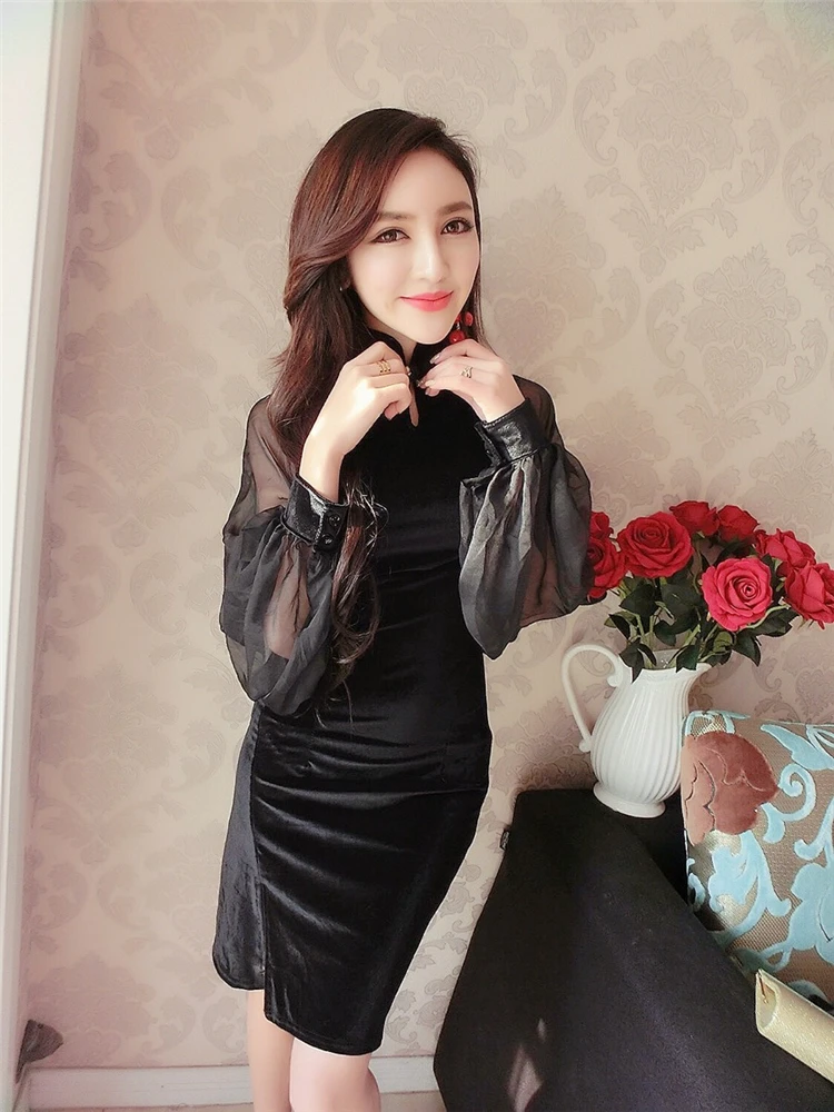

sexy summer black Women's Clothing dresses mesh perspective long sleeve velvet hollow out vestidos moda feminina bodycon dress