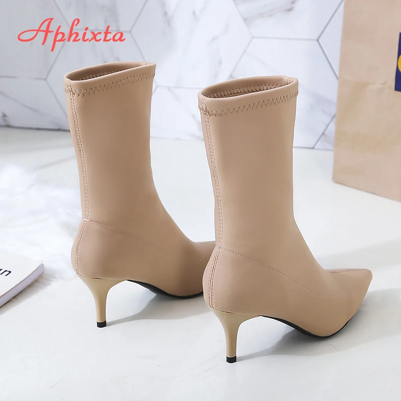 Aphixta/Женская обувь эластичные носки женские ботинки из лайкры с острым носком на