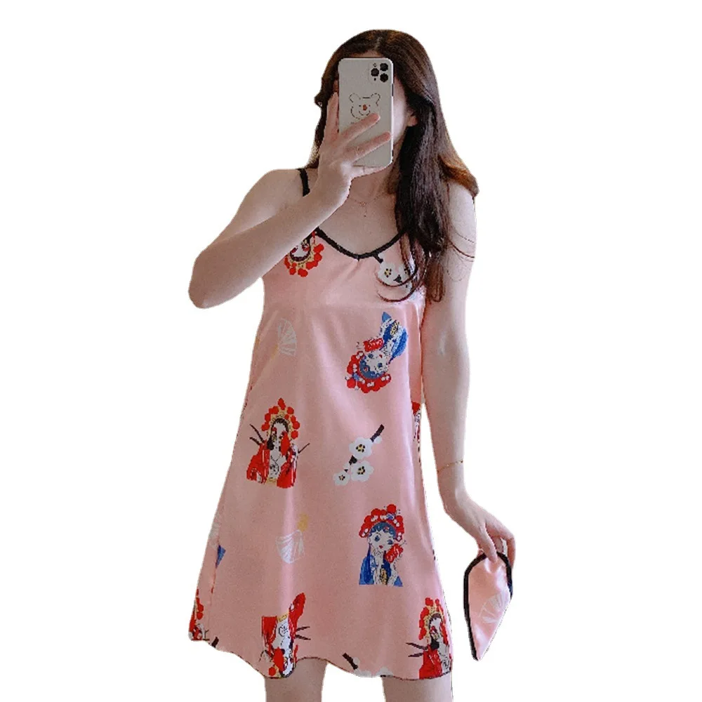 

Летняя шелковая ночная рубашка, Корейская Милая Сексуальная юбка на бретелях из искусственного шелка, сексуальная одежда для сна, летняя же...