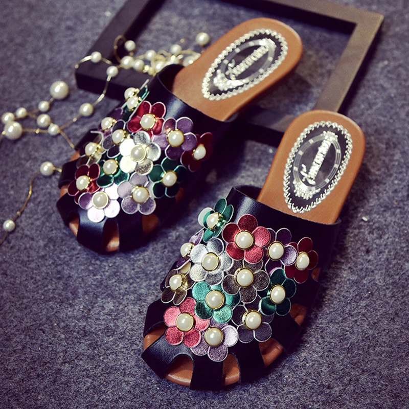 

Шлепанцы женские с перфорацией, уличная модная повседневная обувь, плоская резиновая подошва, цветочный узор, жемчуг, летние Тапочки