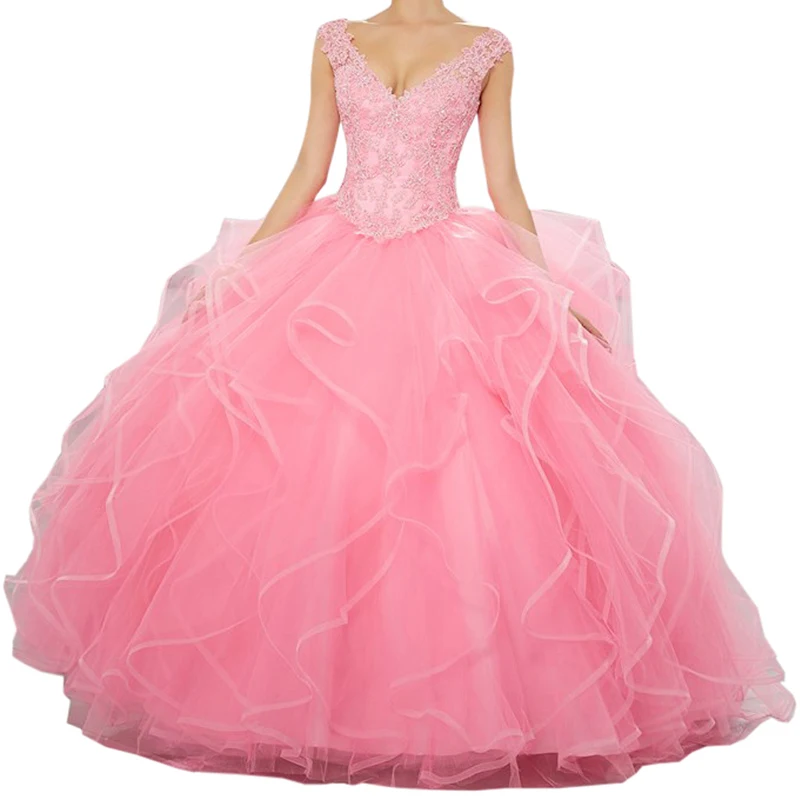 

Pink Princess Lace Sequined Girls Puffy Sweet 16 Quinceanera Dresses Sexy Deep V Neck Ball Gown Prom Gowns with Layered Ruffles