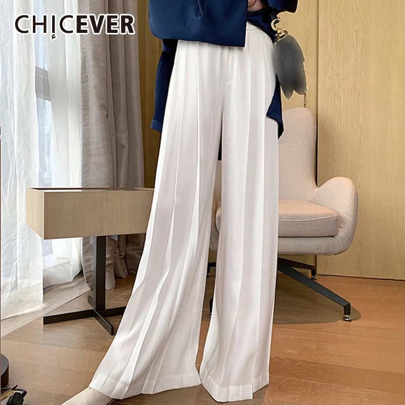 

CHICEVER Pleated Full Length Pants For Women High Waist Ruched Pockets Casual Wide Leg Trousers Female 2020 Autumn Clothing Tide