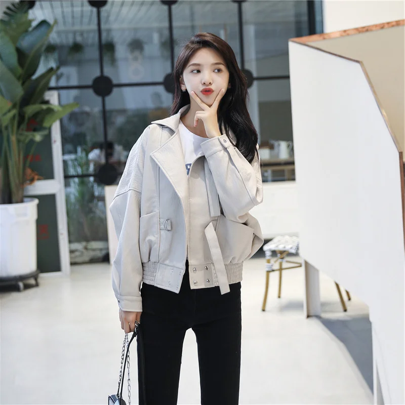 

Motorcycle Faux Leather Coat Jacket Women Short 2021 New Korean Loose Jacket Spring Autumn Pu Leather High Waist Basic Jackets