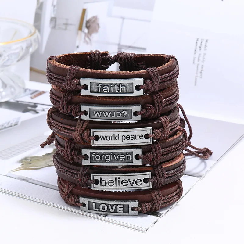 Кожаный плетеный браслет для мужчин винтажные металлические подвески Love Believe