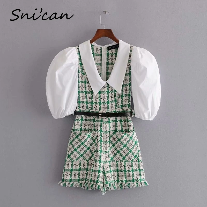 Snican Patchwork Tweed Plaid Jumpsuit With Belt Pockets Fashion Turn Down Collar Harf Sleeve Playsuit Za 2020 Women Casual Mono