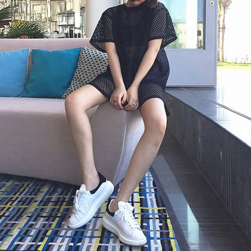 KLV сексуальное прозрачное Сетчатое платье-футболка с коротким рукавом вязаный