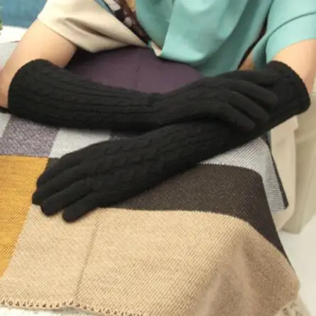 40 cm black 45 см длинные шерстяные перчатки варежки для женщин теплые зимние вязаные модные перчатки черные коричневые серые женские локоть брендовые перчатки Новинка - Цвет: 40 cm black