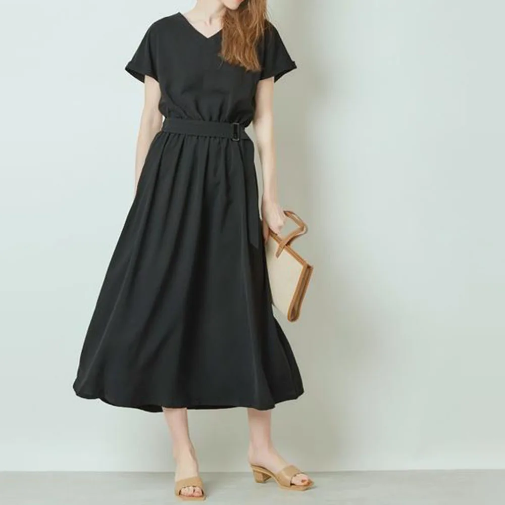 

2021 Summer Korean Fashion All-match Waist Waist Solid Color V-neck Summer Women's Dress Temperament Casual Hot Sale