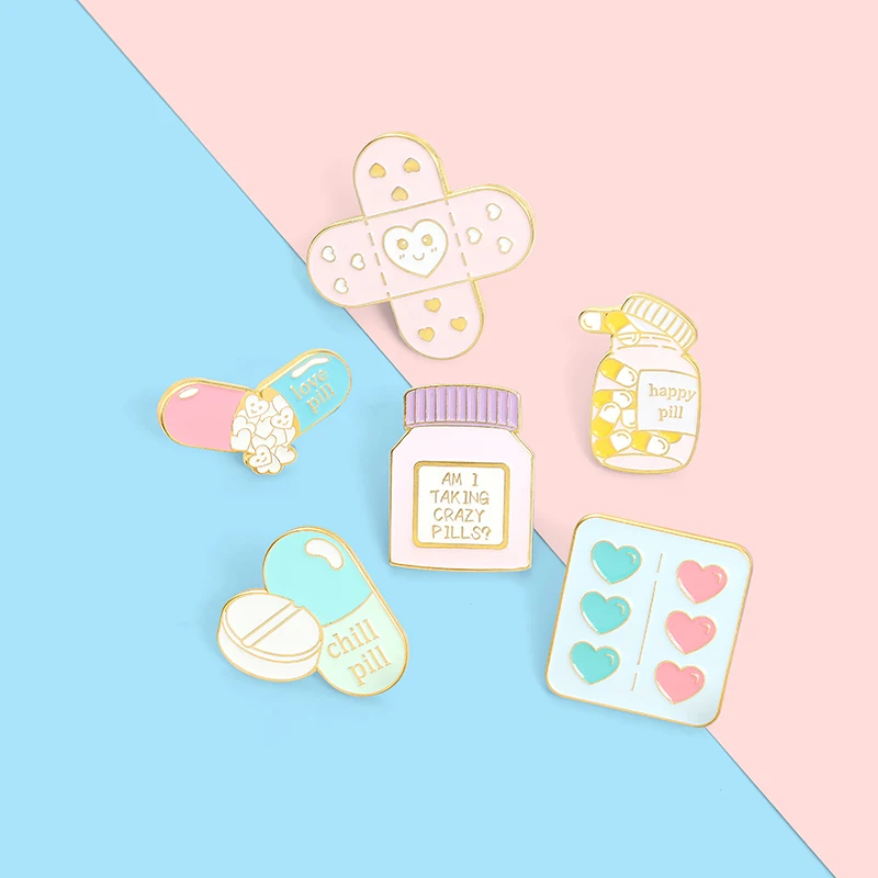 

Cartoons Medicine Bottle Pill Bandage Enamel Pin Fashion Hard Lapel Pins Figure Brooch Broche Jewelry Accessories Fun Gifts