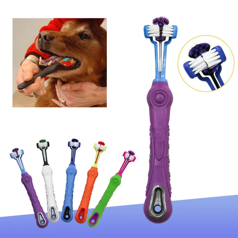 

Fashion Random Color Three Heads Pet Toothbrush Teddy Dog Brush Addition Bad Breath Tartar Teeth Care Dog Cat Cleaning Supplies