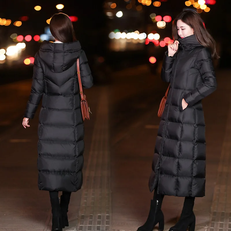 Winter Jackets Women Coat Female Slim Parka Over-Knee Cotton Padded Korea Hooded Warm Black Solid Long Coat