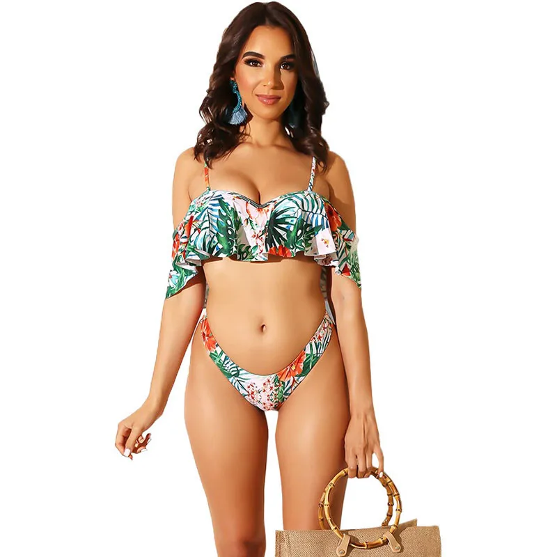 

Sexy Ruffle Bohemia Bikini Push Up Swimwear Women Floral Leaf Print Swimsuit Backless Bathing Suit Beachwear Bikinis 2020 Mujer