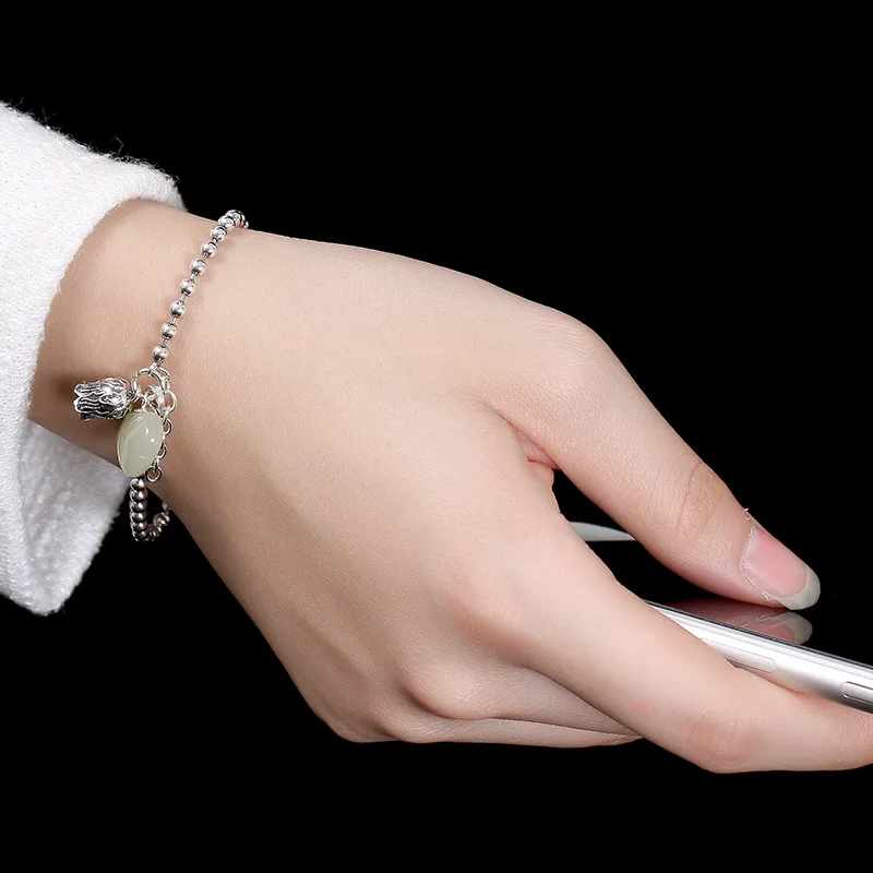 

Real 925 Sterling Silver Small Round Beads Chain Bracelets For Women With Natural Jade Jade Charm Amulet Shifting Lucky