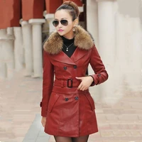 autumn and winter new women genuine racoon dog fur collar long leather jacket fashion slim plus cotton motorcycle trench