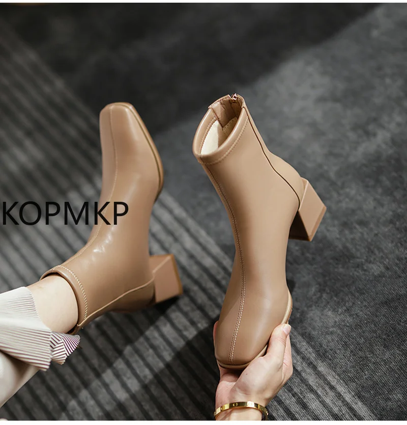

2021 New Autumn Women Leather Ankle Boots Fashion Female Mid Thick Heels Elegant Lady White Black Apricot Square Toe Zip Shoes
