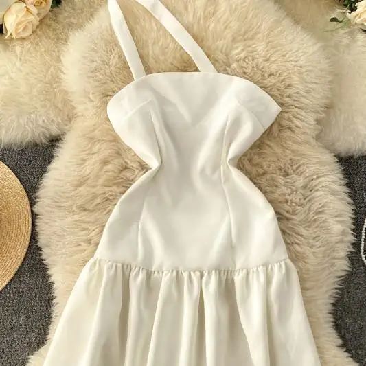 

One Shoulder Women Dress Summer 2021 New Fashion Chic Ruffles Solid Slim Wasit Sweet Female Dresses Sexy Vestidos