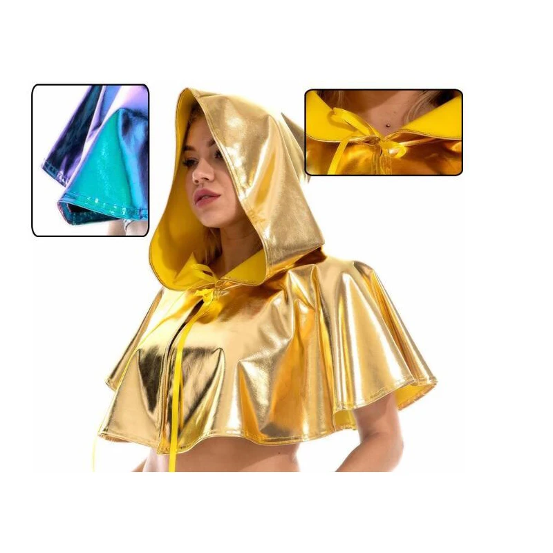 

Halloween Costume Shiny PU Leather Holographic Cape Unisex Cosplay Metallic Death Cape Short Hooded Rave Festival Cloak Hat