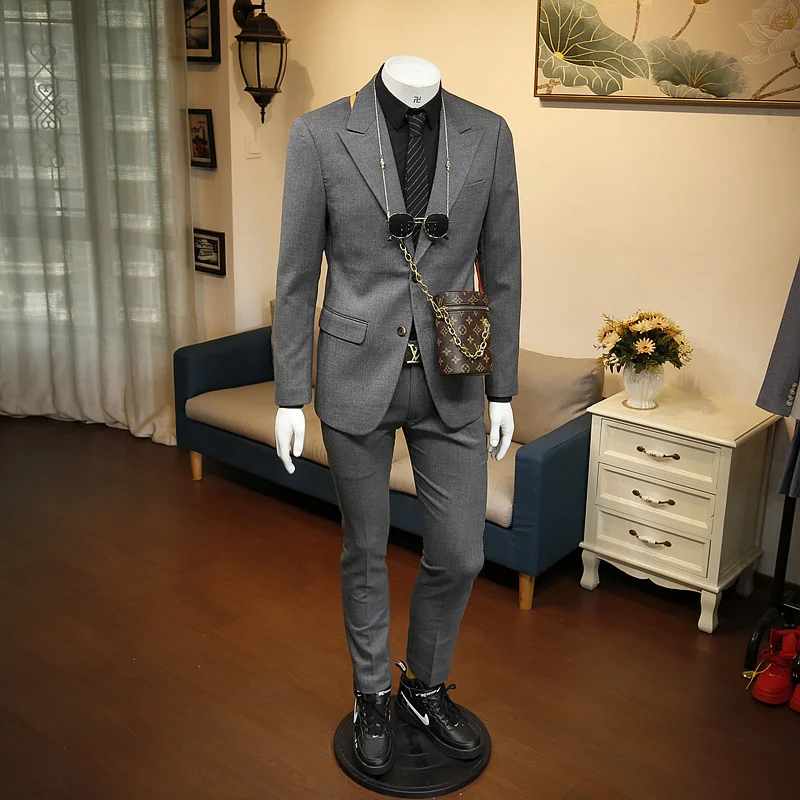 

XM geeki Winter business leisure thickened warm gray stripe single breasted suit men's suit