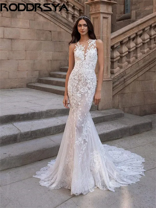 

RODDRSYA Lace Appliques Wedding Dress Mermaid O Neck Bridal Robes Court Train Bride Gowns Illusion Back Vestido De Noiva