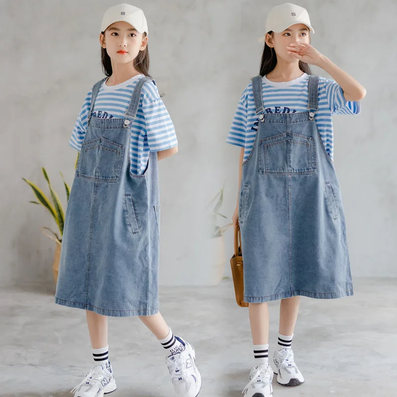 

Teens Girls Denim Suspender Skirt Summer 2021 Children's Clothing Set Fashion Casual Striped T Shirt Set for Kids Costume 10 12Y