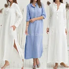Повседневные женские свободные халат белого и синего цвета в винтажном стиле; Платье с длинными рукавами и отложным воротником, Рубашка-Платье на пуговицах, подол Разделение Макси платье Vestidos