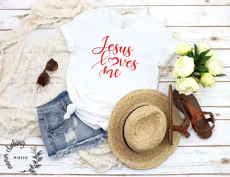 

Jesus Loves Me Christian Religious Faith Cross Shirt Streetwear Cotton Female Clothing Graphic Short Sleeve top O Neck Tees goth