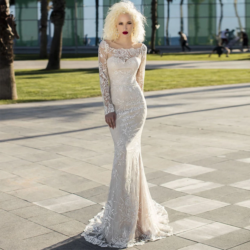 

Elegant Mermaid Wedding Dresses Custom Made Appliqued Lace Pearls O-Neck Full Sleeves Floor Length 2021 New Sexy Robe De Mariée