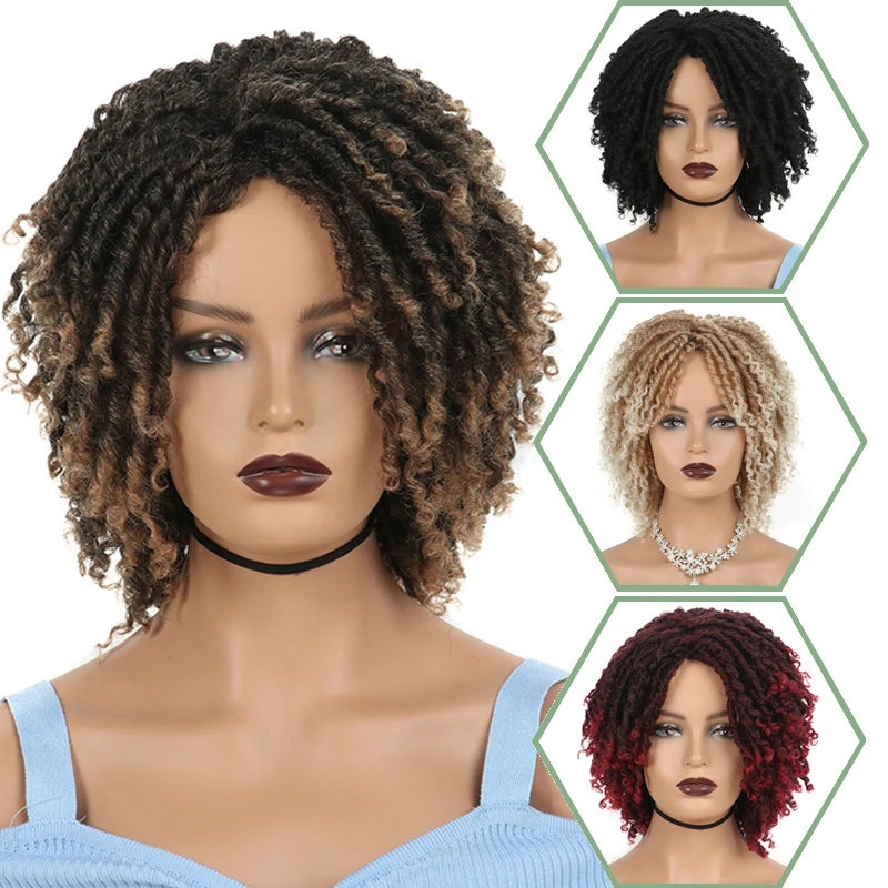 

LISIHAIR Dreadlock Curly Wig Short Synthetic Twist Natural Black /1b 30 Ombre Brown For Black Women/Men Afro Curly Hair Party