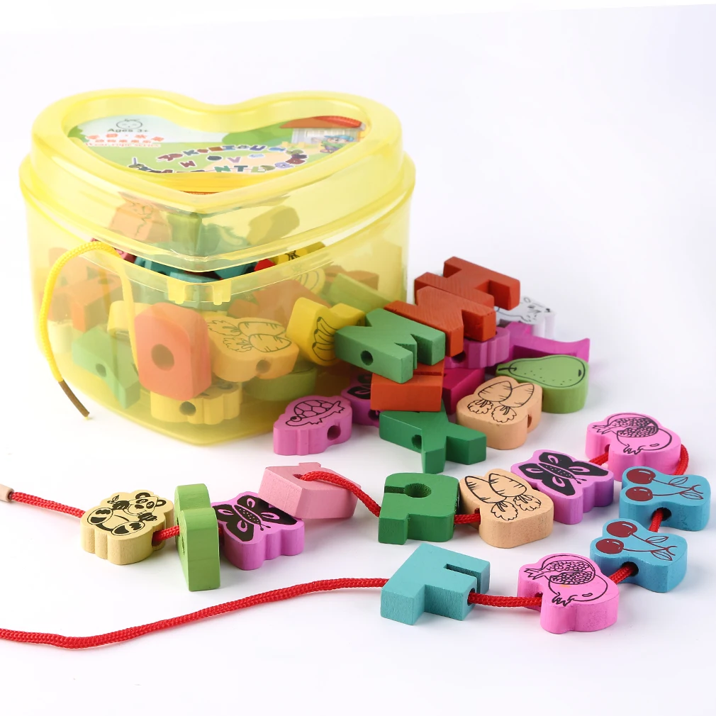 

60pcs/lot Baby Montessori Educational Wooden Toys Animals Blocks Stringing Threading Lace Beads Box Preschool Learn Toy for Kids