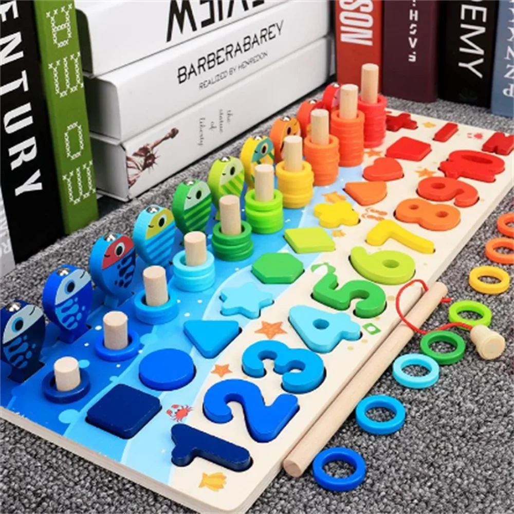 

Montessori Educational Wooden Toys Children Busy Board Math Fishing Children's Wooden Preschool Montessori Toy Counting Geometry