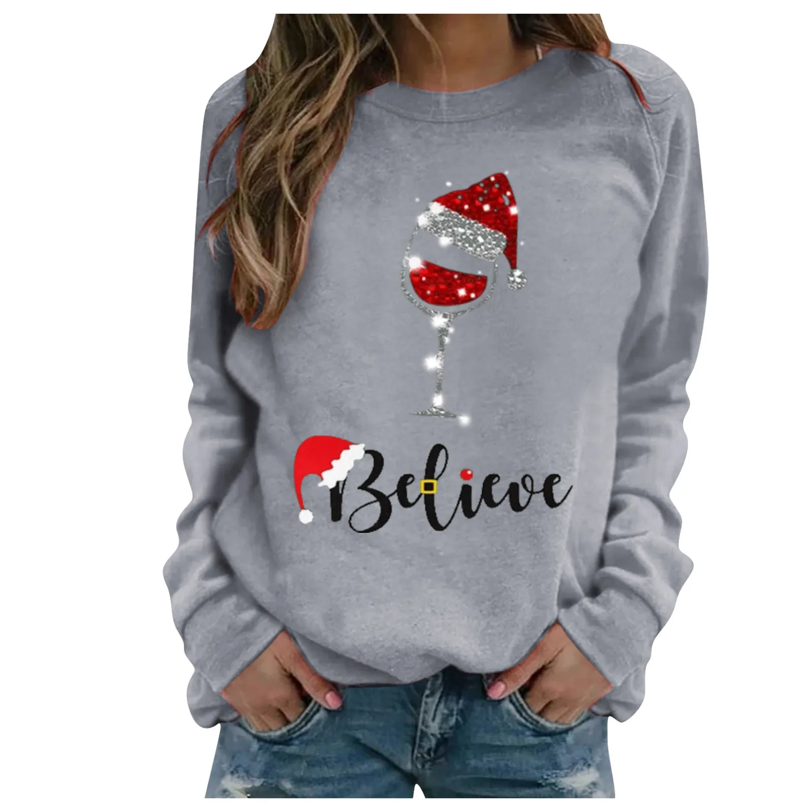 Women's Chirstmas Pullover Kawaii Santa Claus Print Long-sleeved Mulheres Sweetshirts Casual Festive Retro Sweater Pullovers